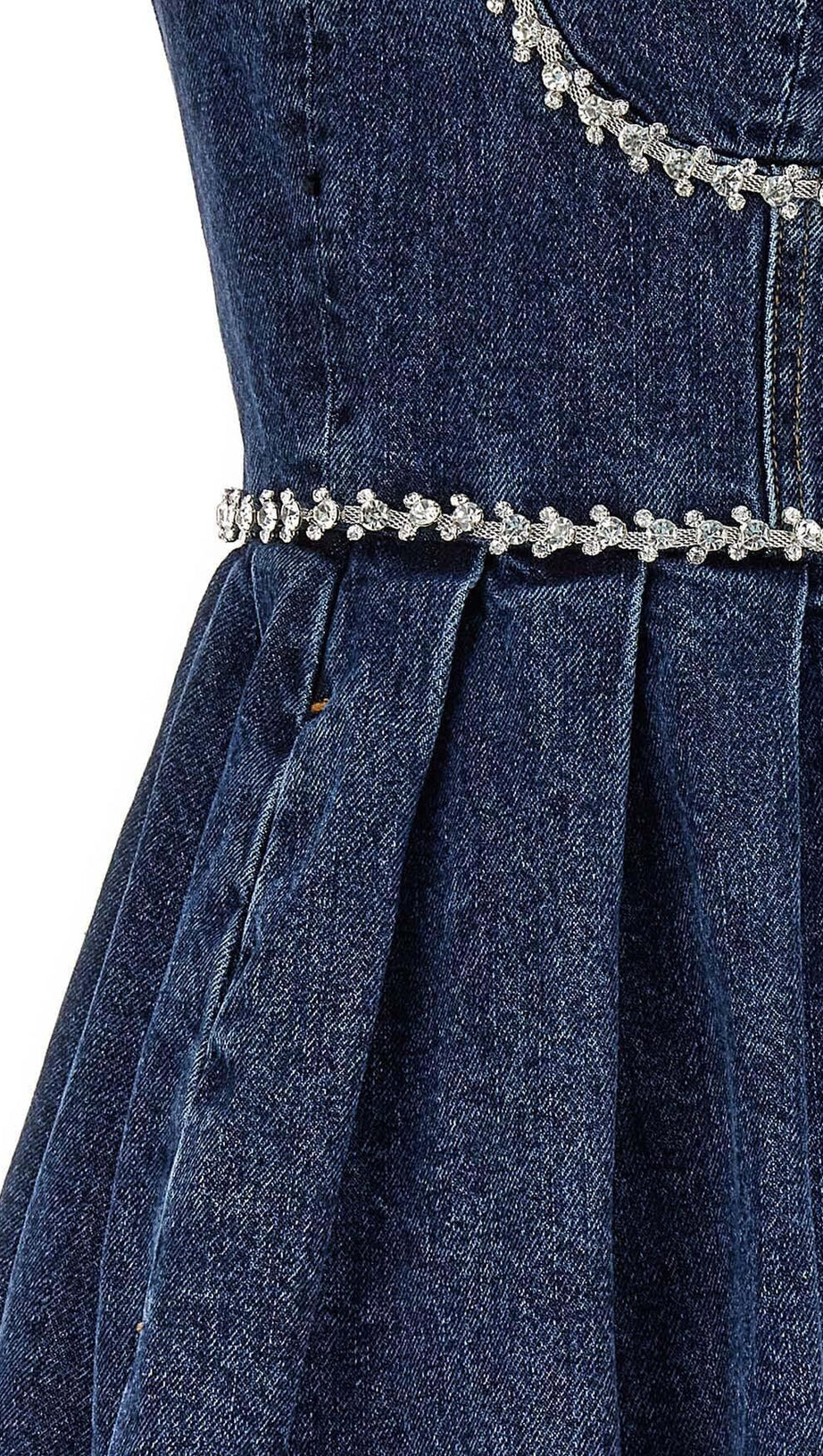 CRYSTAL-EMBELLISHED DENIM MINI DRESS IN BLUE