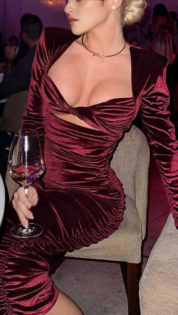 AIIZIE CUT OUT VELVET MIDI DRESS IN WINE - product image