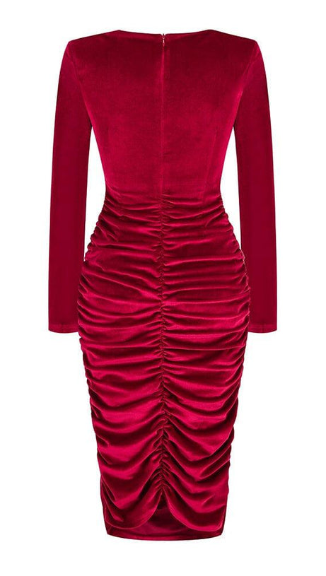 MIDIKLEID AUS SAMT MIT AUSSCHNITT IN WEINROT