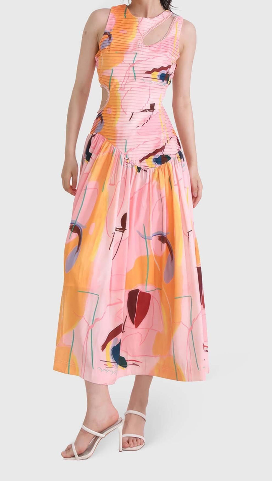 CUT OUTS ROUND NECK MIDI DRESS IN MULTICOLOR