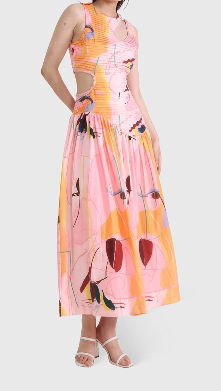 CUT OUTS ROUND NECK MIDI DRESS IN MULTICOLOR