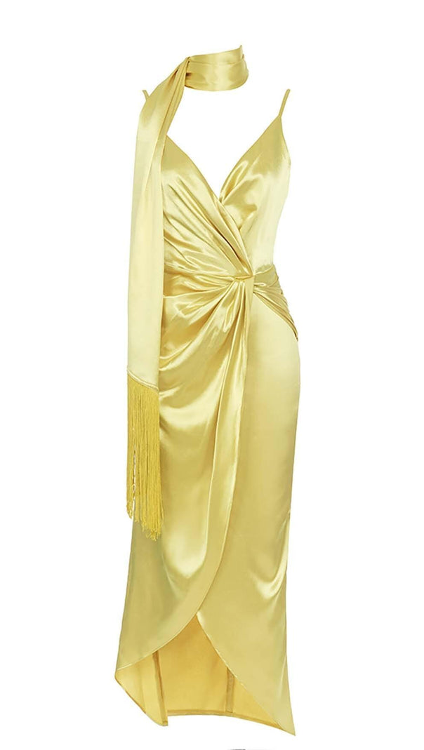 AIIZIE DRAPED DETAIL HIGH SLIT MAXI DRESS IN GOLD - product image