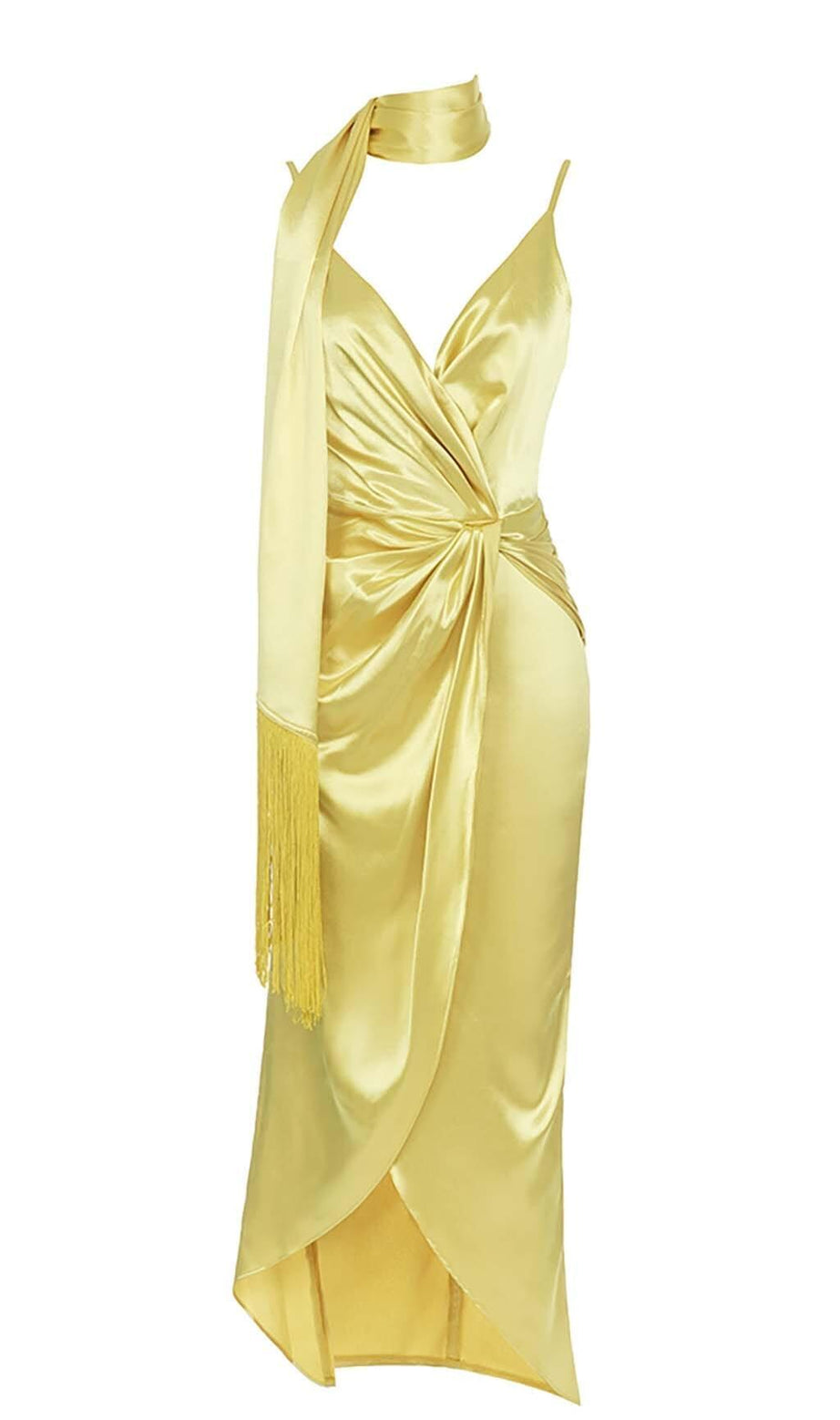 DRAPIERTES MAXIKLEID MIT HOHEM SCHLITZ IN GOLD