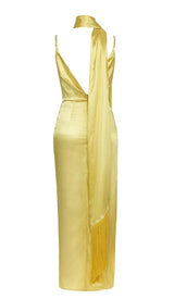 DRAPED DETAIL HIGH SLIT MAXI DRESS IN GOLD