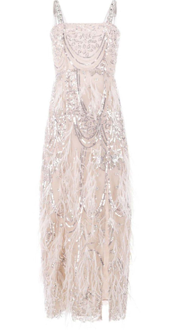 AIIZIE EMBROIDERED FEATHER CRYSTAL MIDI DRESS IN WHITE - product image