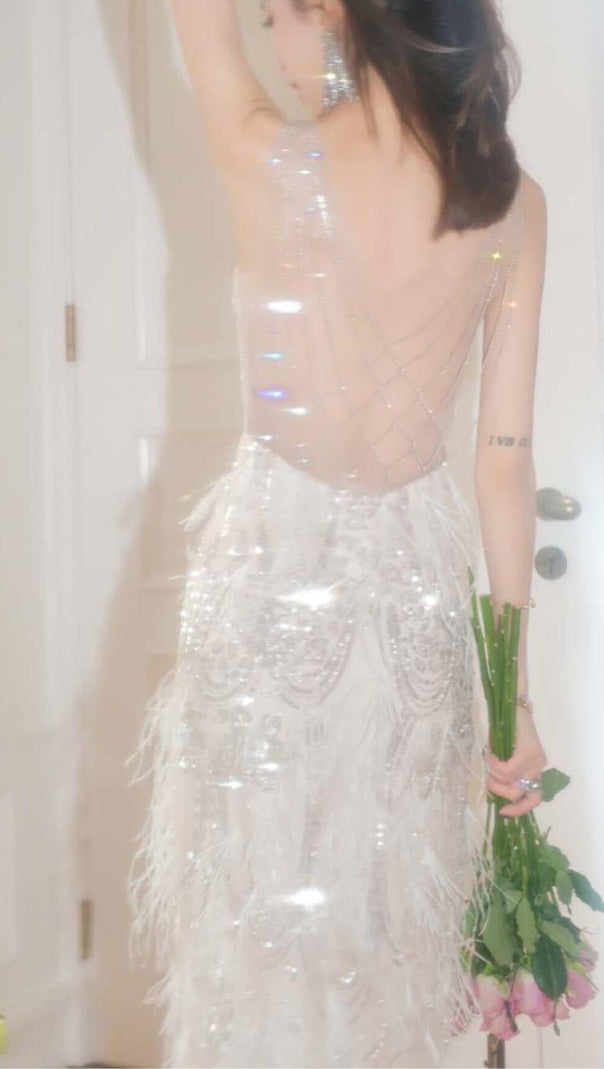 AIIZIE EMBROIDERED FEATHER CRYSTAL MIDI DRESS IN WHITE - product image