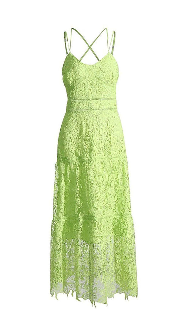 EMBROIDERY STRAPPY MIDI DRESS IN GREEN