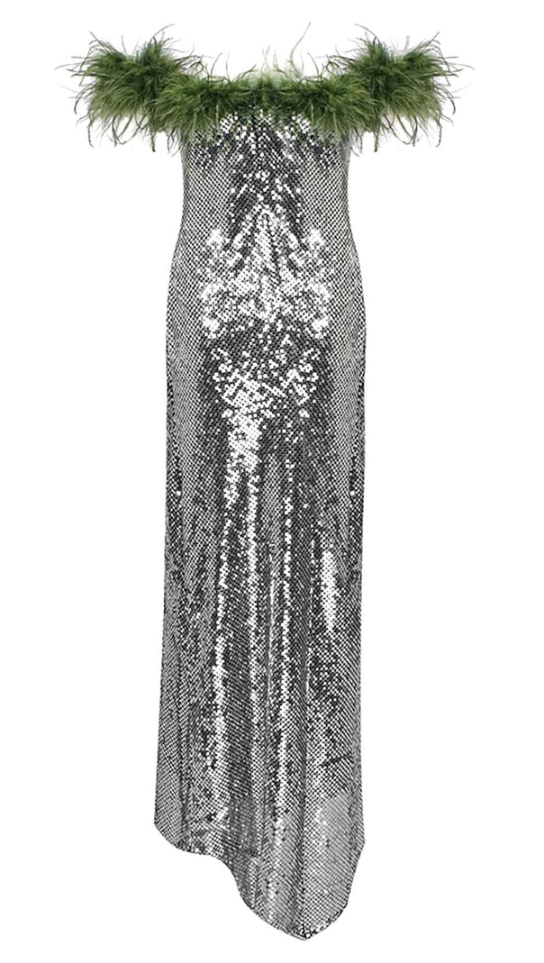 AIIZIE FEATHERED SEQUINED MAXI DRESS IN METALLIC SILVER - product image