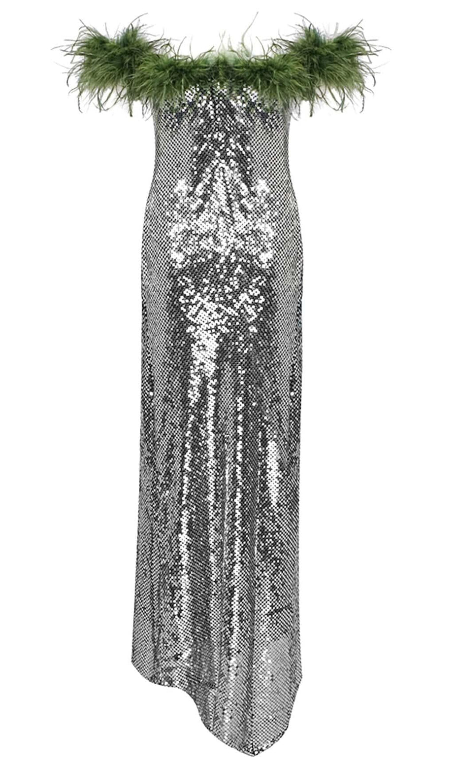 MAXIKLEID MIT FEDERN UND PAILLETTEN IN METALLIC-SILBER