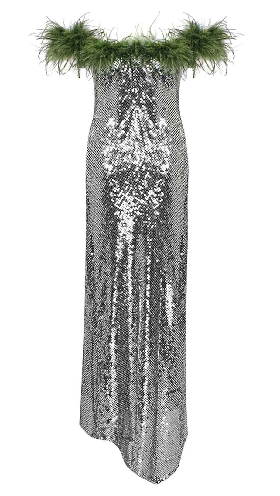 FEATHERED SEQUINED MAXI DRESS IN METALLIC SILVER