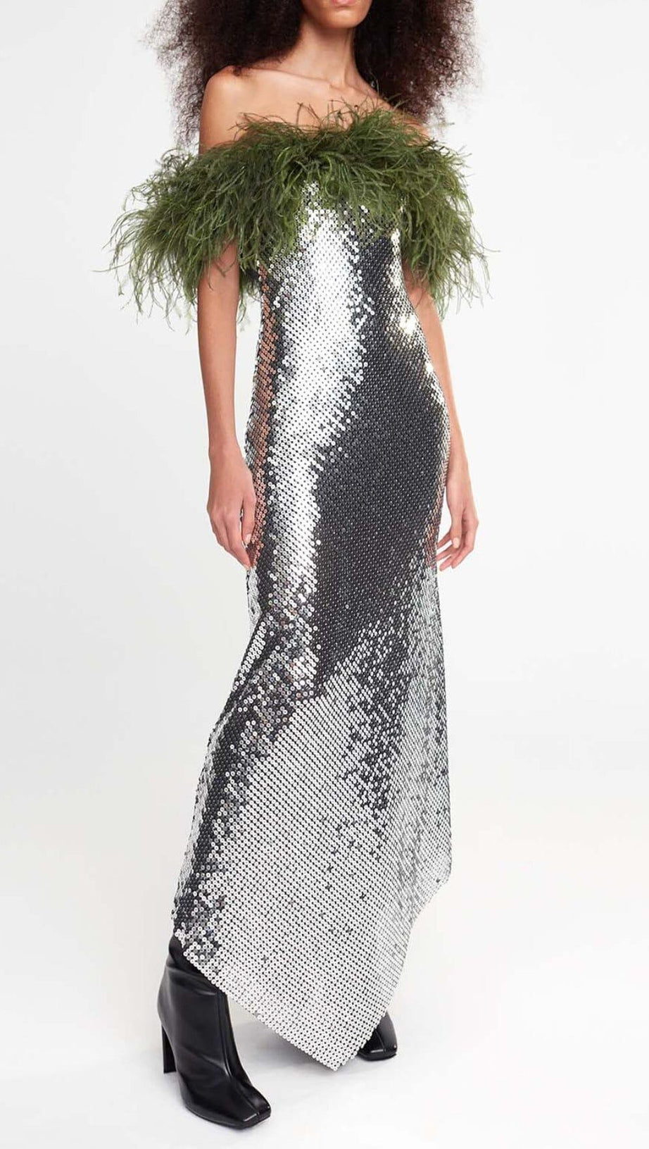 FEATHERED SEQUINED MAXI DRESS IN METALLIC SILVER