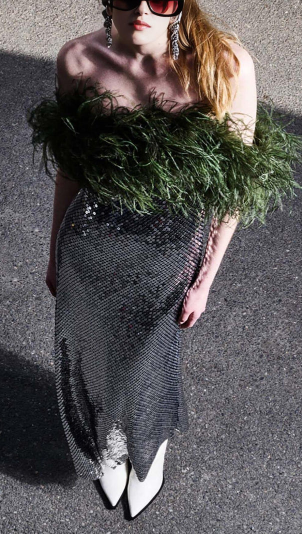 AIIZIE FEATHERED SEQUINED MAXI DRESS IN METALLIC SILVER - product image