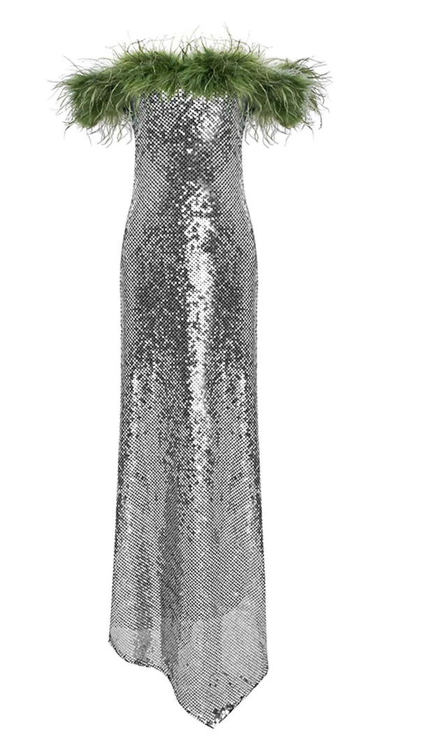 AIIZIE FEATHERED SEQUINED MAXI DRESS IN METALLIC SILVER - product image