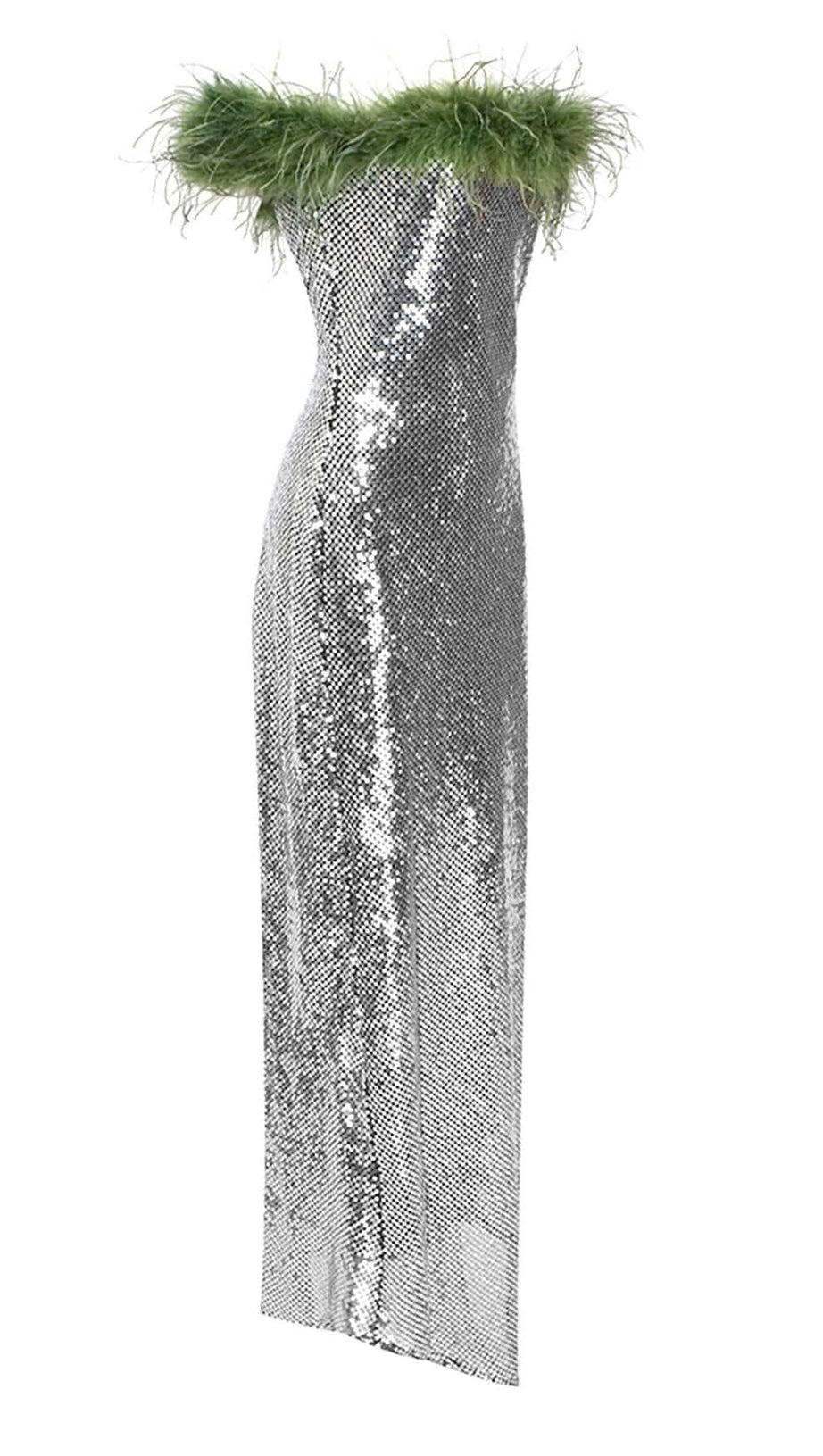 FEATHERED SEQUINED MAXI DRESS IN METALLIC SILVER