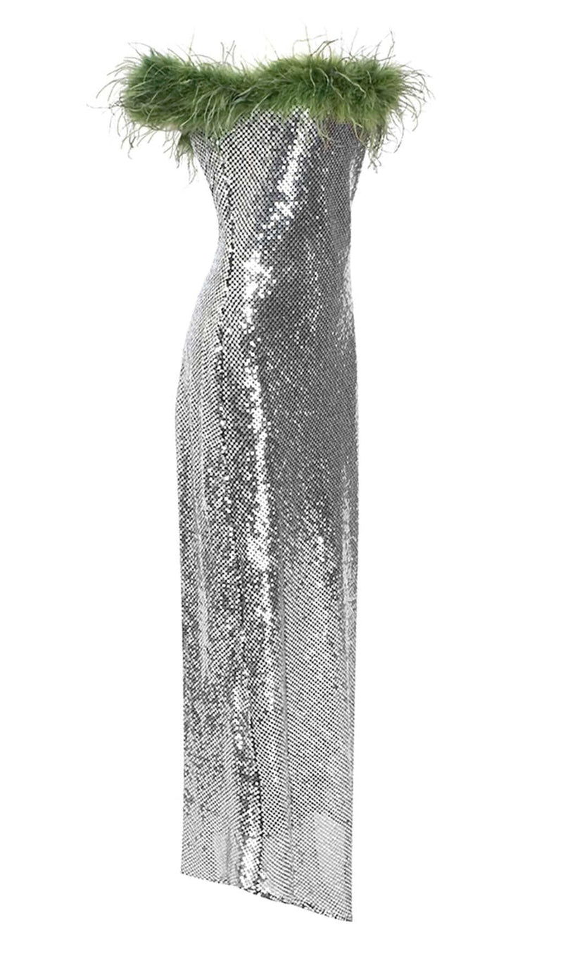 FEATHERED SEQUINED MAXI DRESS IN METALLIC SILVER