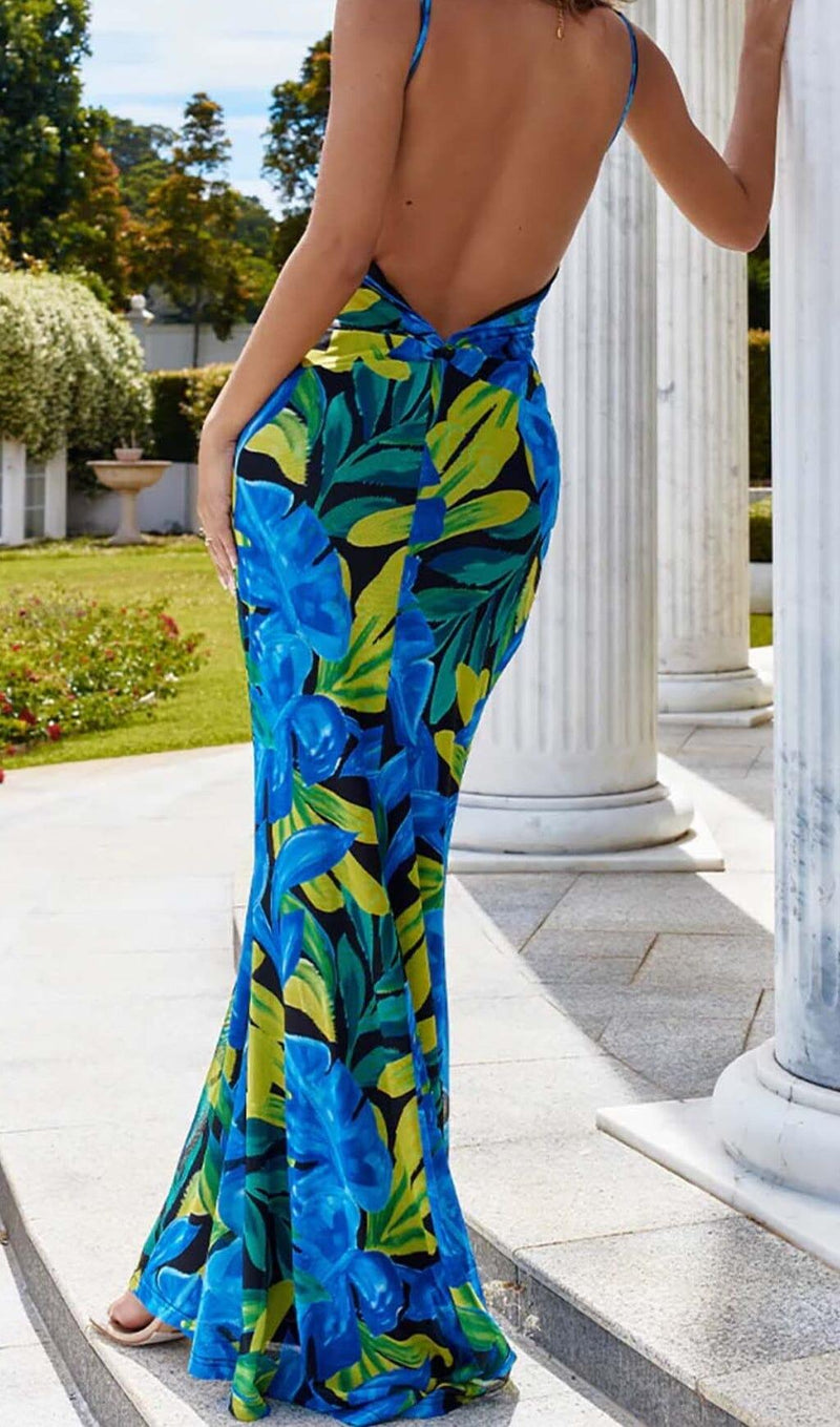 FLORAL BACKLESS MAXI DRESS IN BLUE