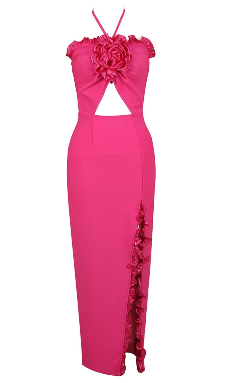 MIDIKLEID MIT BLUMENVERZIERUNG UND SCHLITZ IN PINK