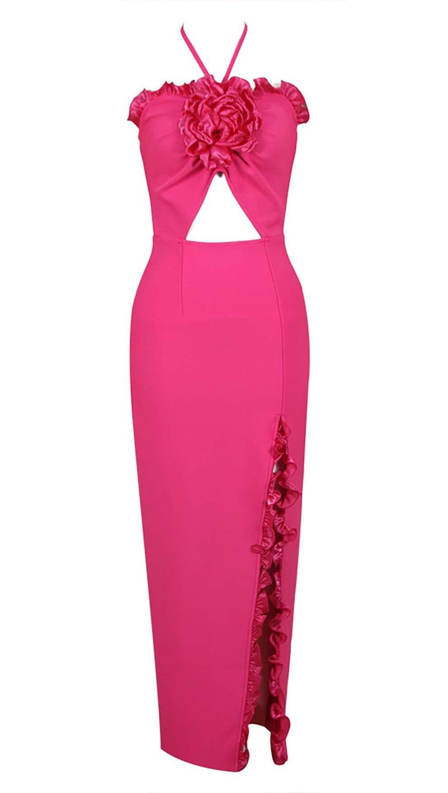 ABITO MIDI CON SPACCO E DECORAZIONI FLOREALI ROSA