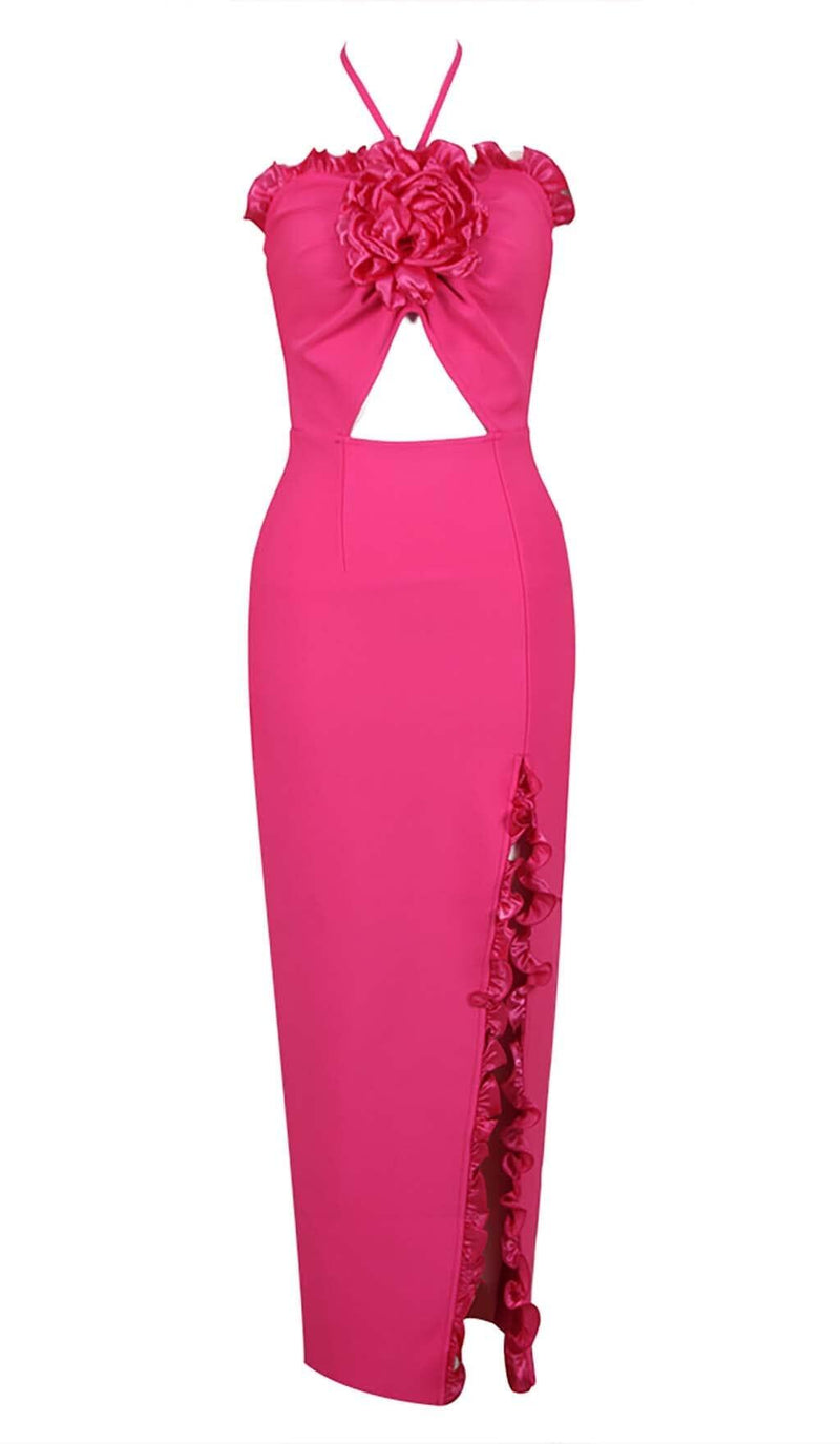 FLORAL EMBELLISHED SLIT MIDI DRESS IN PINK