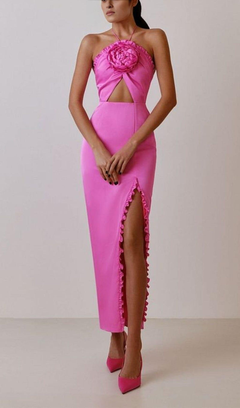 FLORAL EMBELLISHED SLIT MIDI DRESS IN PINK