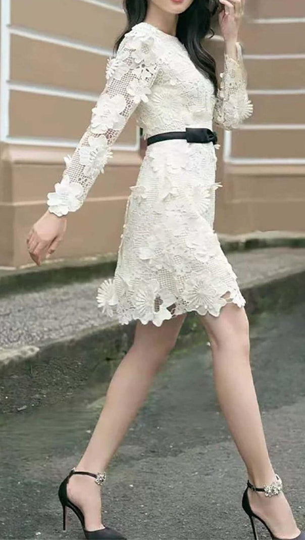 AIIZIE FLORAL EMBROIDERED LACE MIDI DRESS IN WHITE - product image