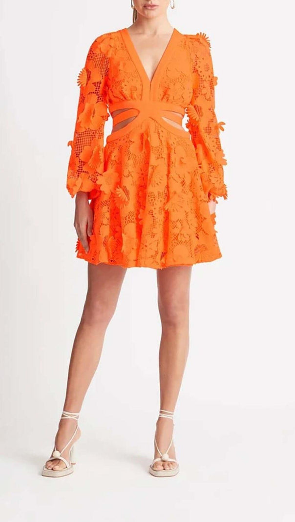 AIIZIE FLORAL TEXTURES CUTOUT MINI DRESS IN NEON ORANGE - product image