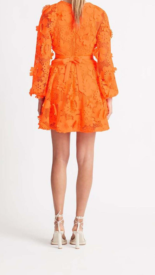 AIIZIE FLORAL TEXTURES CUTOUT MINI DRESS IN NEON ORANGE - product image