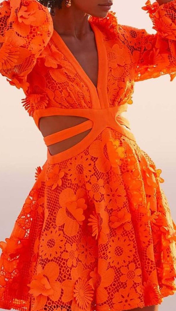 AIIZIE FLORAL TEXTURES CUTOUT MINI DRESS IN NEON ORANGE - product image