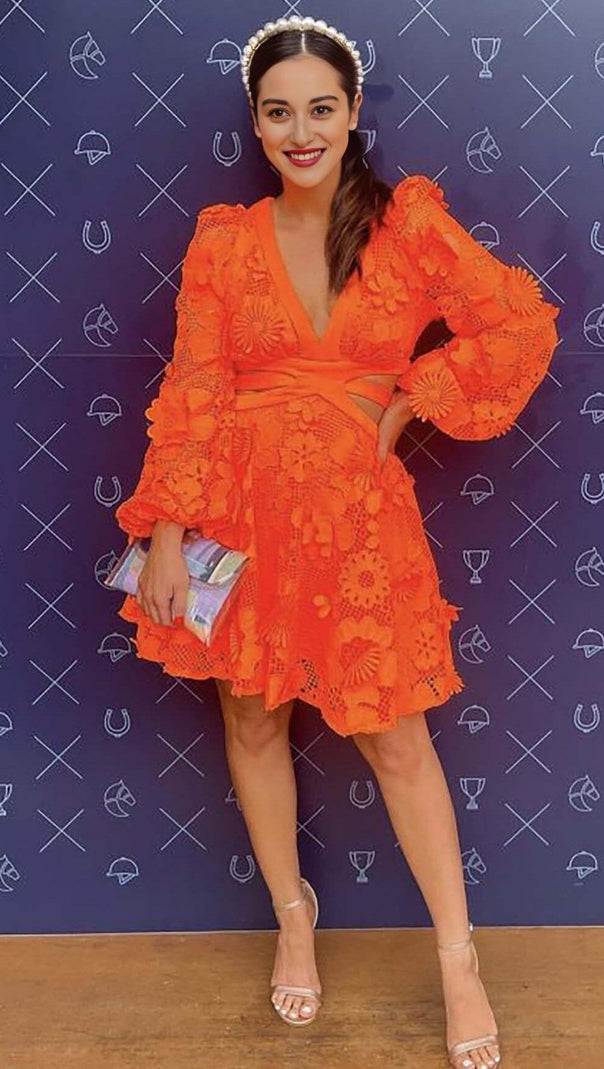 AIIZIE FLORAL TEXTURES CUTOUT MINI DRESS IN NEON ORANGE - product image