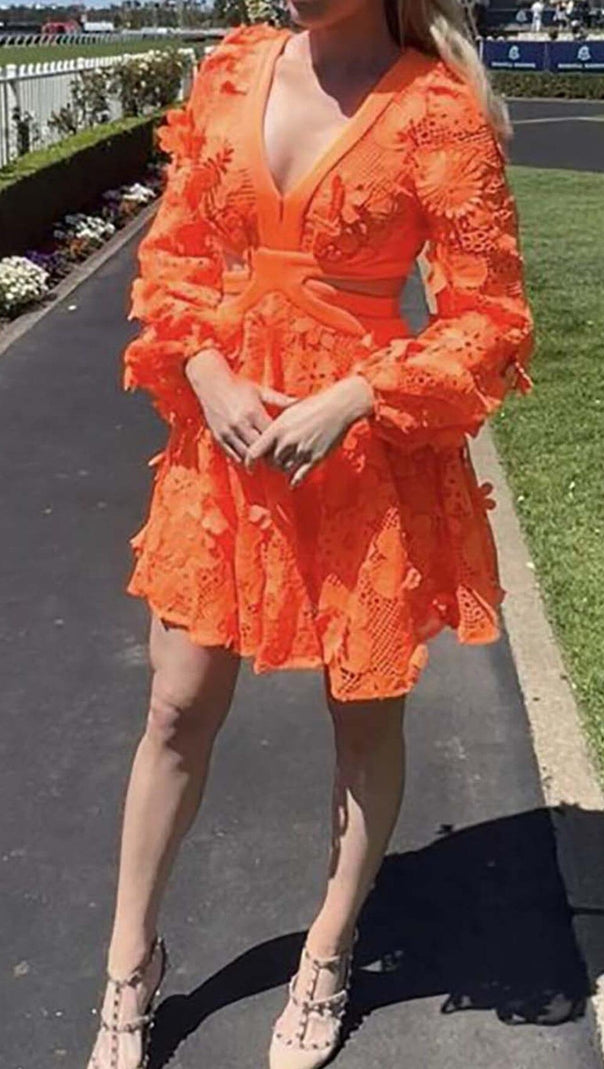 AIIZIE FLORAL TEXTURES CUTOUT MINI DRESS IN NEON ORANGE - product image