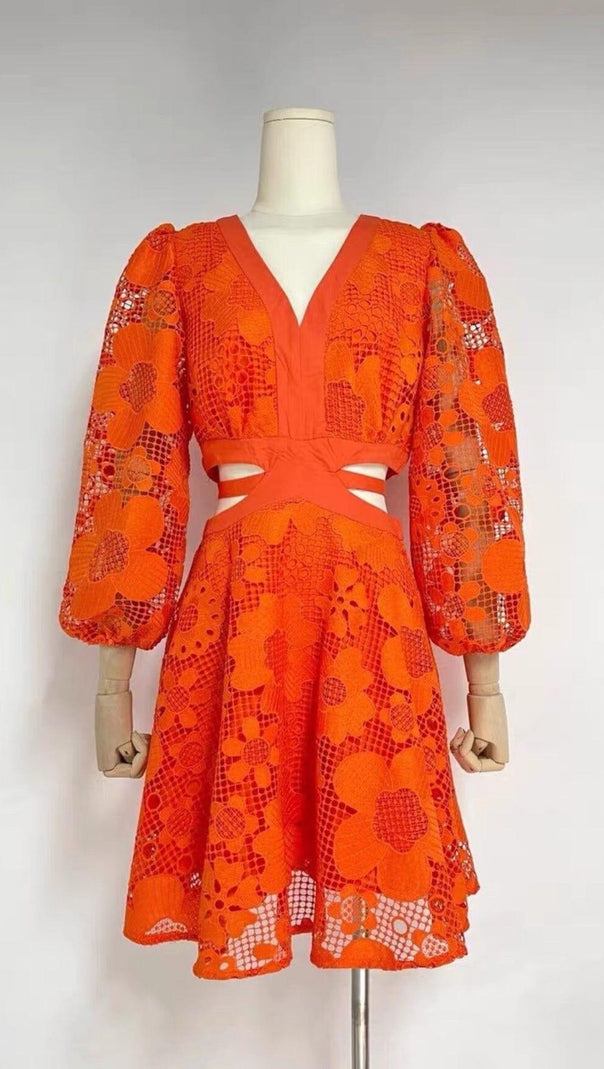 MINI ABITO CON RICAMI FLOREALI IN ARANCIONE FLOREALE