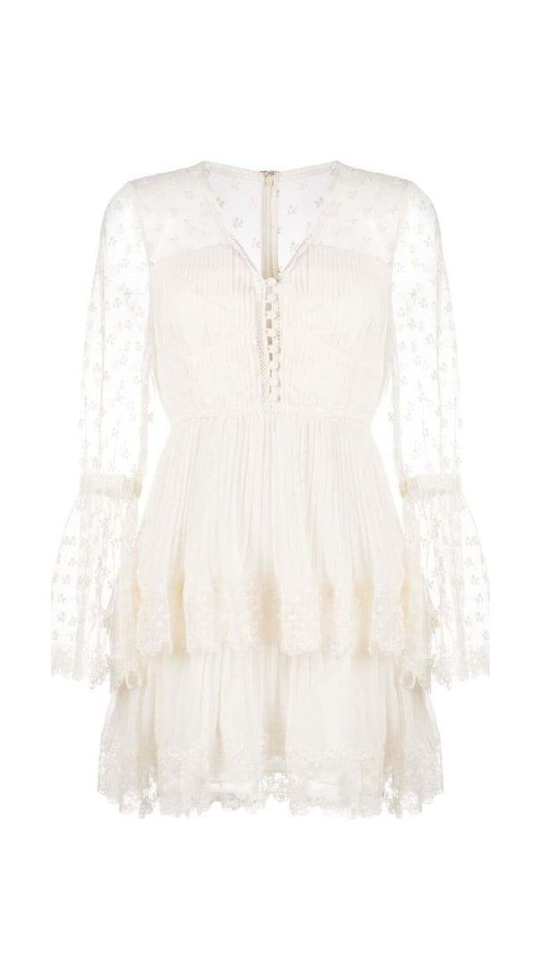 AIIZIE FLORAL-LACE TIERED MIDI DRESS IN LVORY - product image