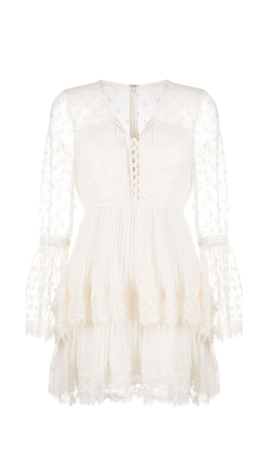 FLORAL-LACE TIERED MIDI DRESS IN LVORY