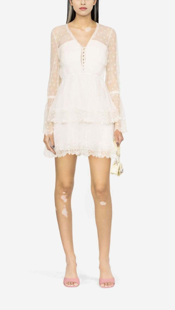 AIIZIE FLORAL-LACE TIERED MIDI DRESS IN LVORY - product image