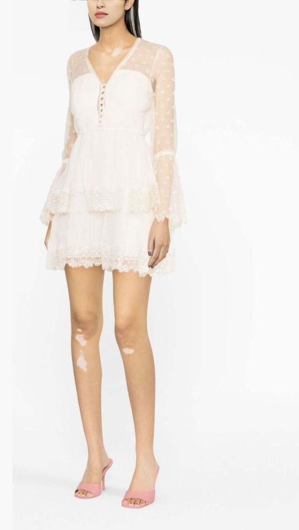 AIIZIE FLORAL-LACE TIERED MIDI DRESS IN LVORY - product image