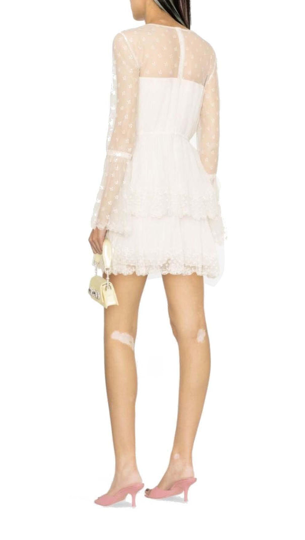AIIZIE FLORAL-LACE TIERED MIDI DRESS IN LVORY - product image