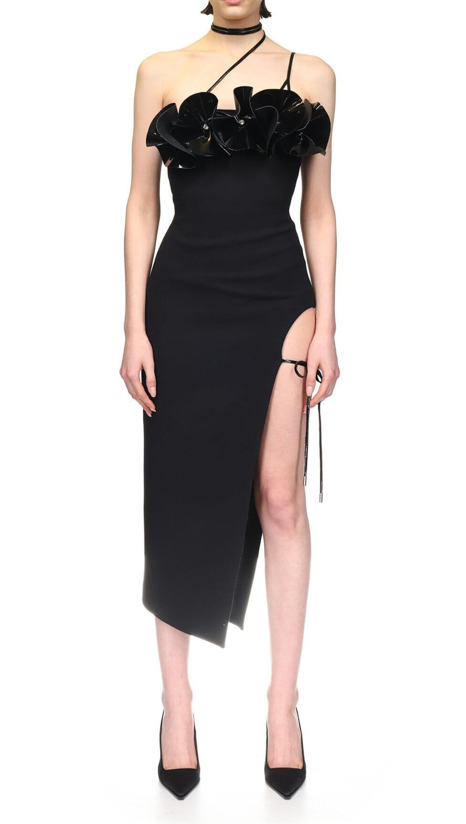 ABITO MIDI IN CREPE DI LANA SENZA MANICHE A FIORI, NERO