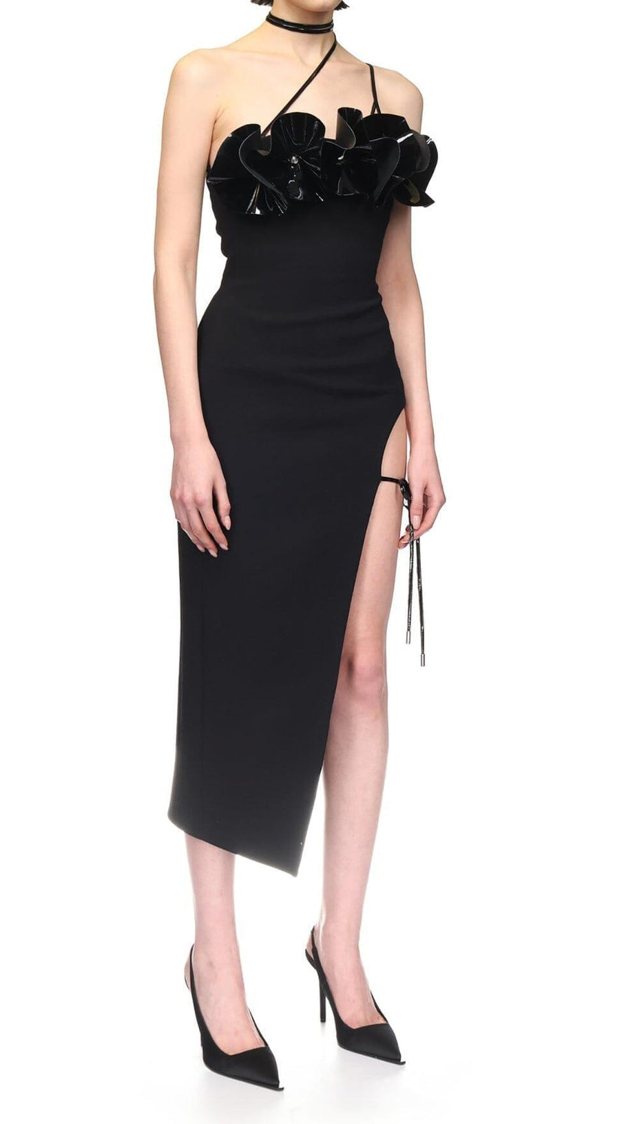 ABITO MIDI IN CREPE DI LANA SENZA MANICHE A FIORI, NERO