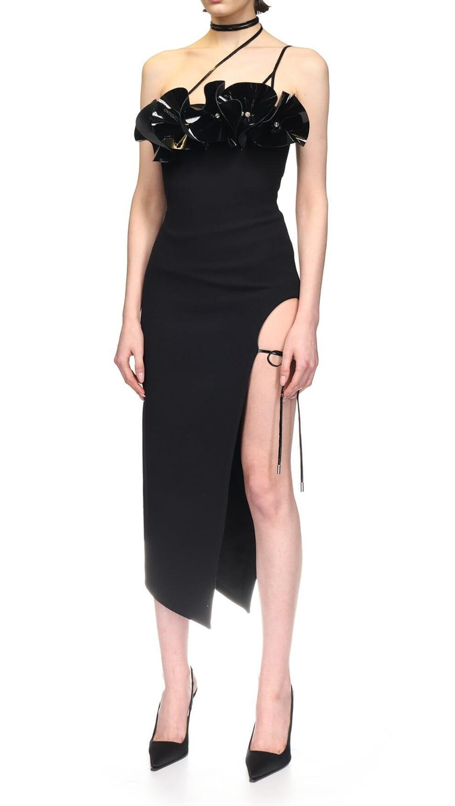 ABITO MIDI IN CREPE DI LANA SENZA MANICHE A FIORI, NERO