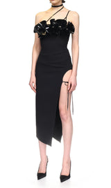 FLOWER SLEEVELESS WOOL CREP MIDI DRESS IN BLACK