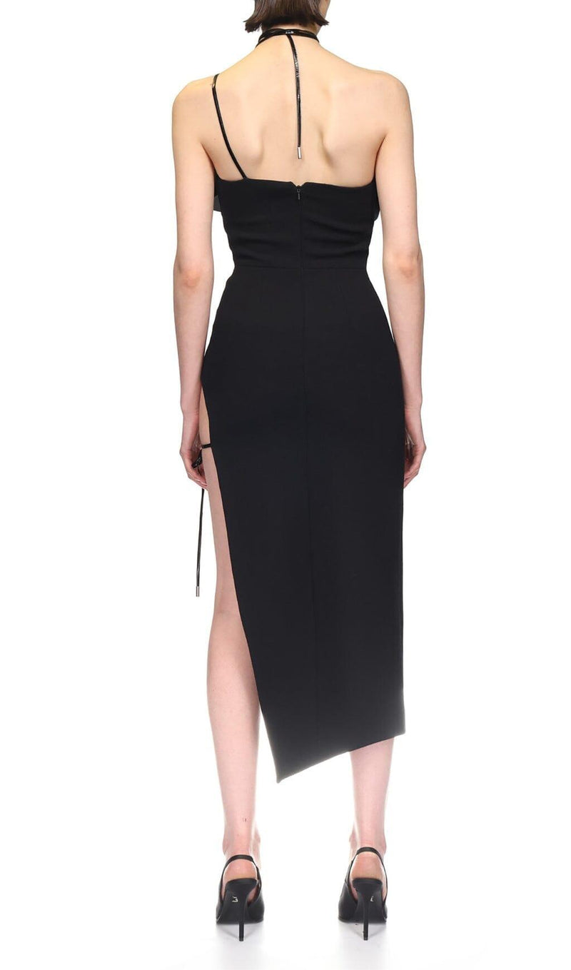 FLOWER SLEEVELESS WOOL CREP MIDI DRESS IN BLACK