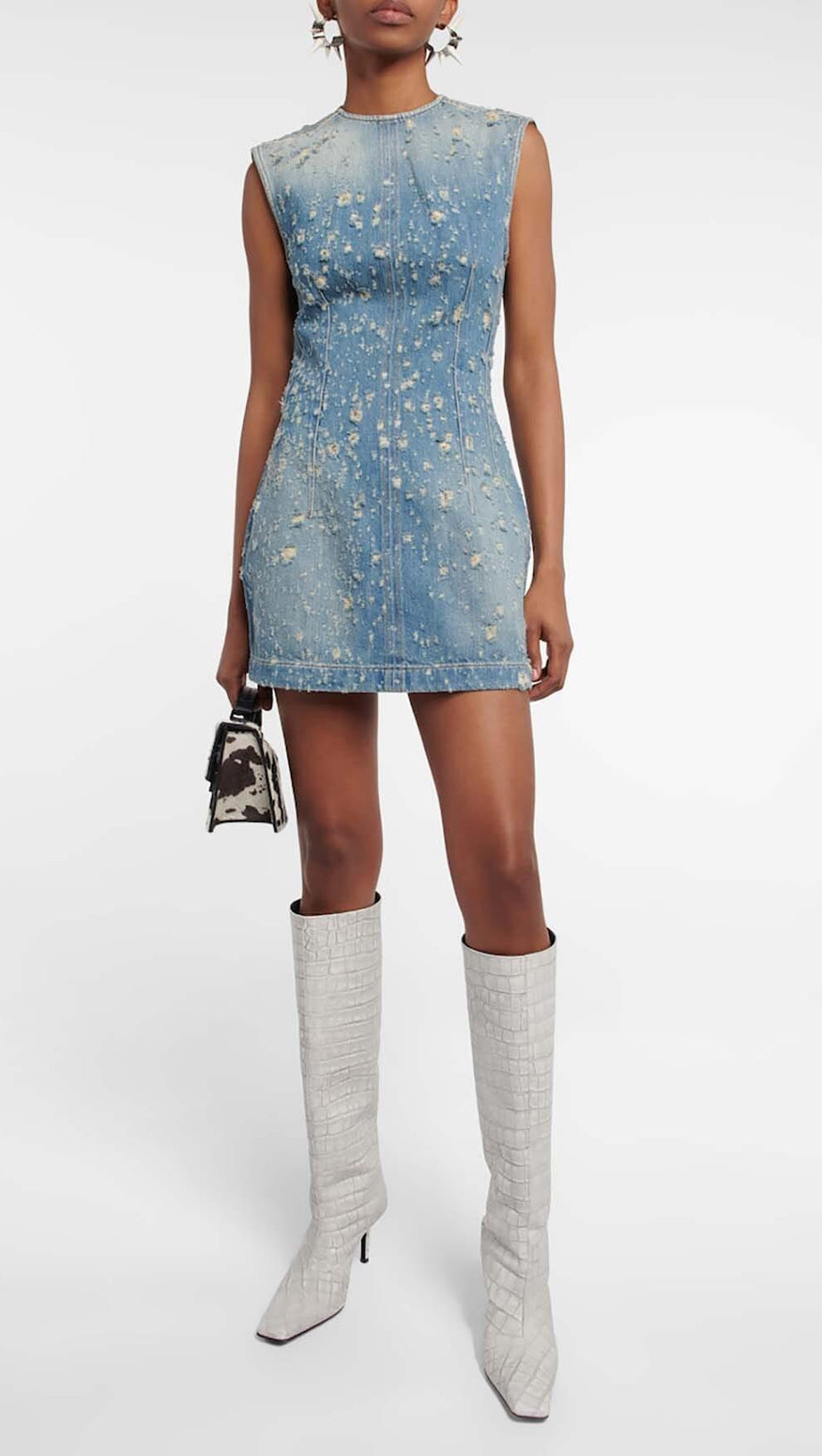 FRAYED DENIM MINI DRESS