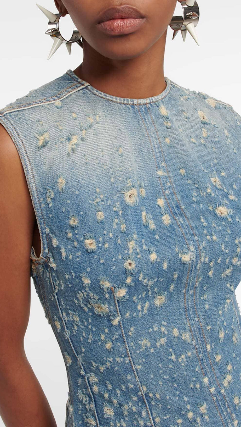 FRAYED DENIM MINI DRESS