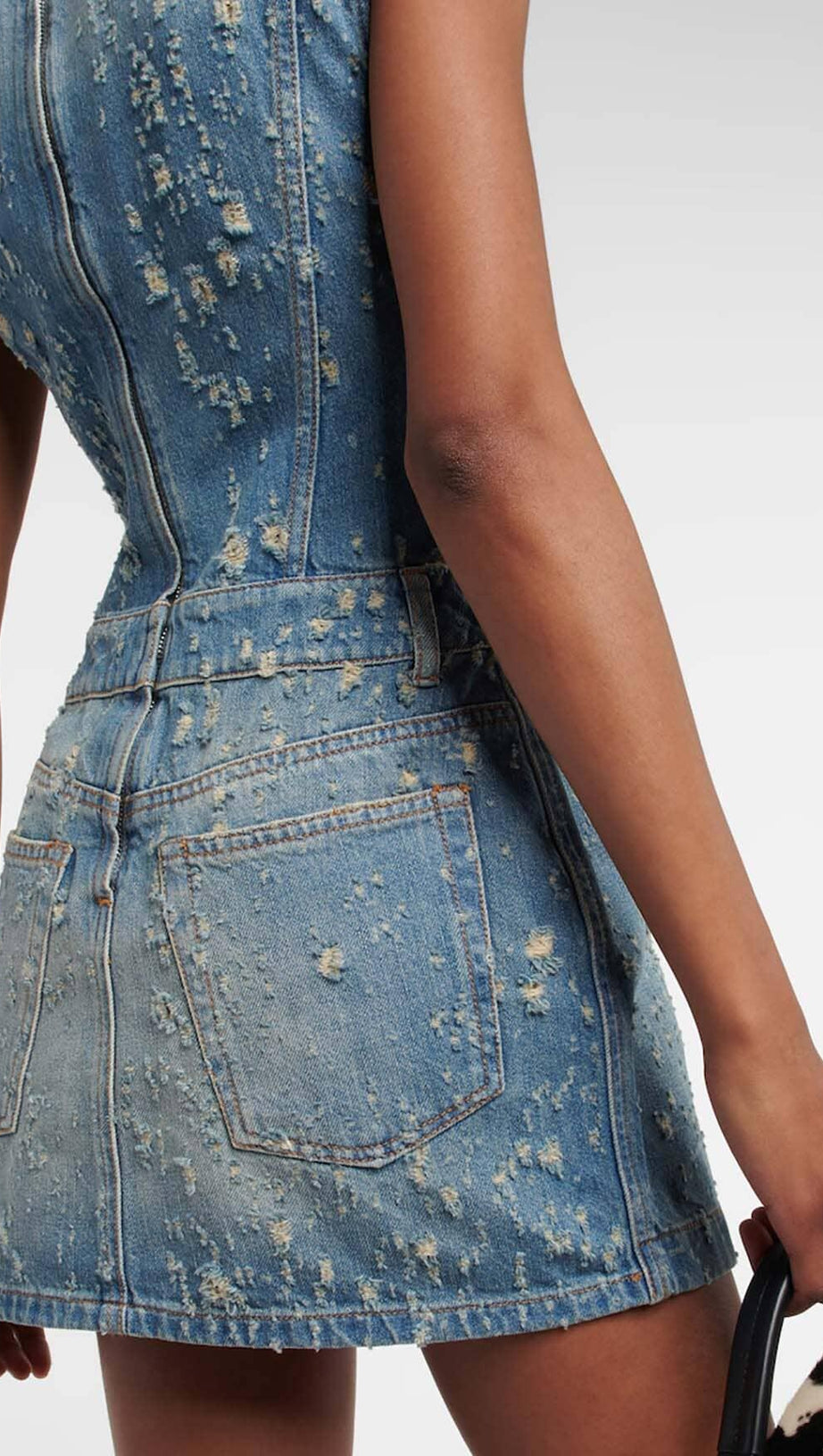 FRAYED DENIM MINI DRESS