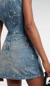 FRAYED DENIM MINI DRESS