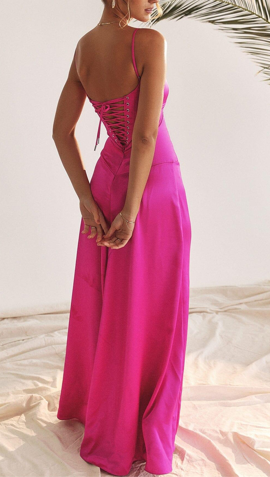FUCHSIA LACE UP MAXI DRESS