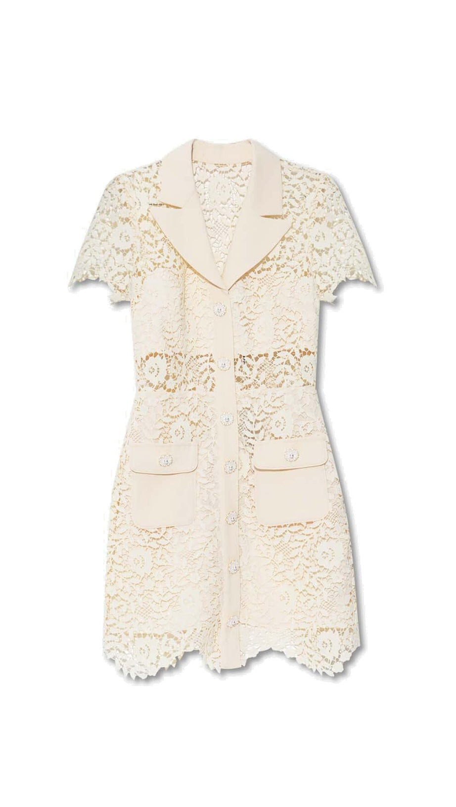 GUIPURE LACE FLAP POCKETS JACKET DRESS IN WHITE