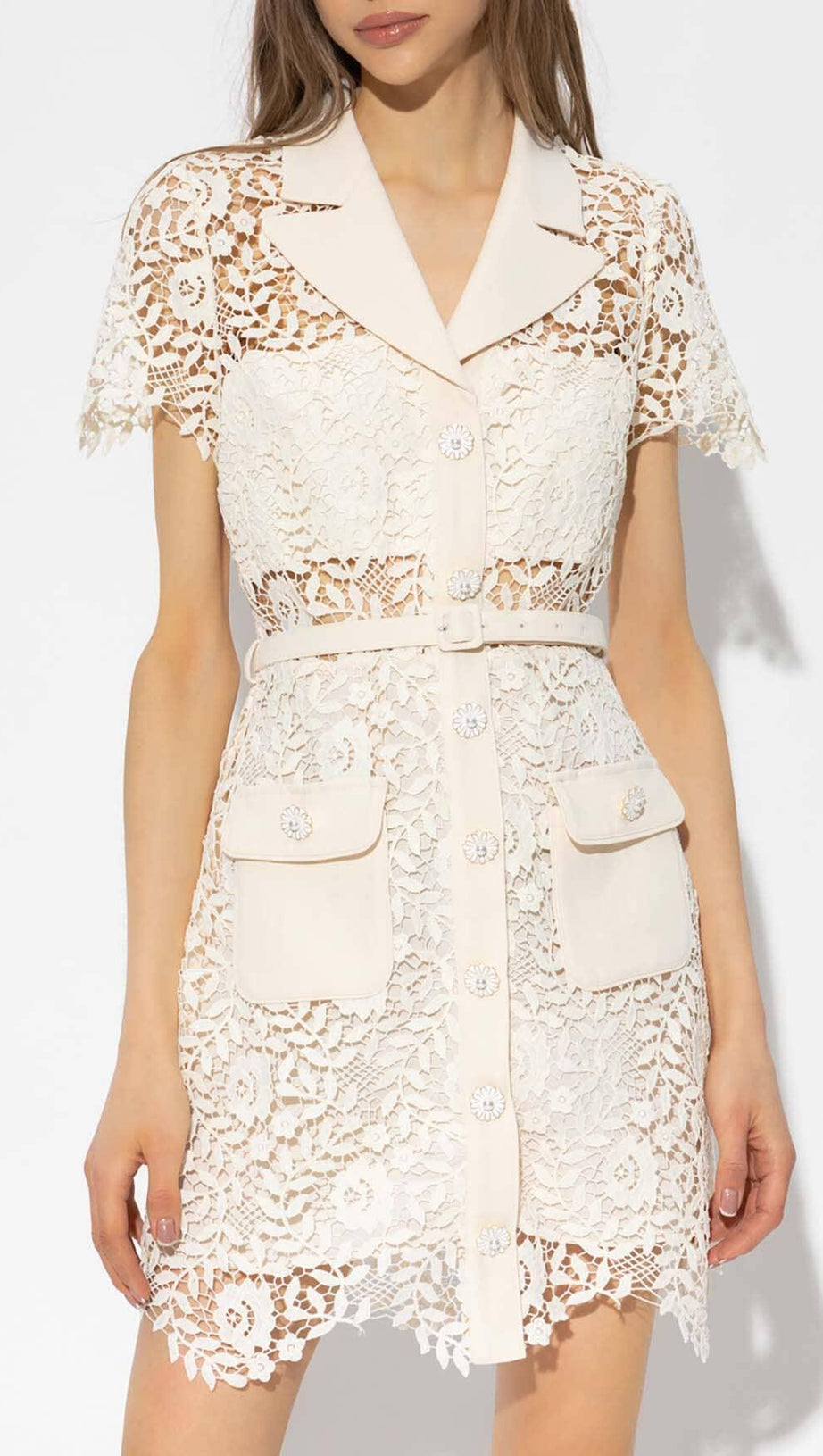 GUIPURE LACE FLAP POCKETS JACKET DRESS IN WHITE
