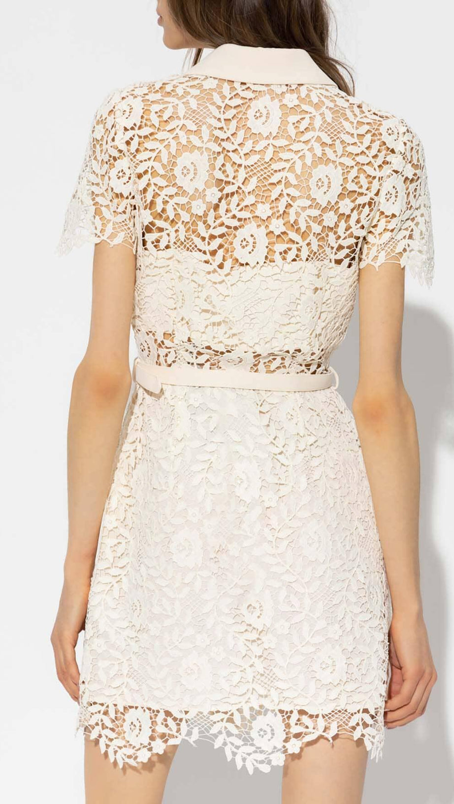 GUIPURE LACE FLAP POCKETS JACKET DRESS IN WHITE