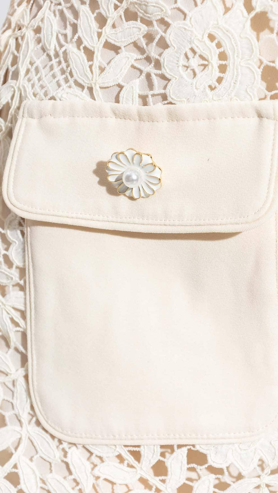 GUIPURE LACE FLAP POCKETS JACKET DRESS IN WHITE